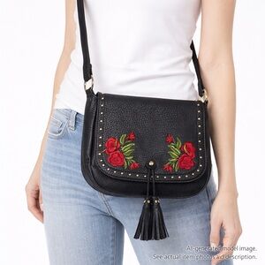 256. LD Black Crossbody Floral Studded Tassel Bag Adjustable Strap